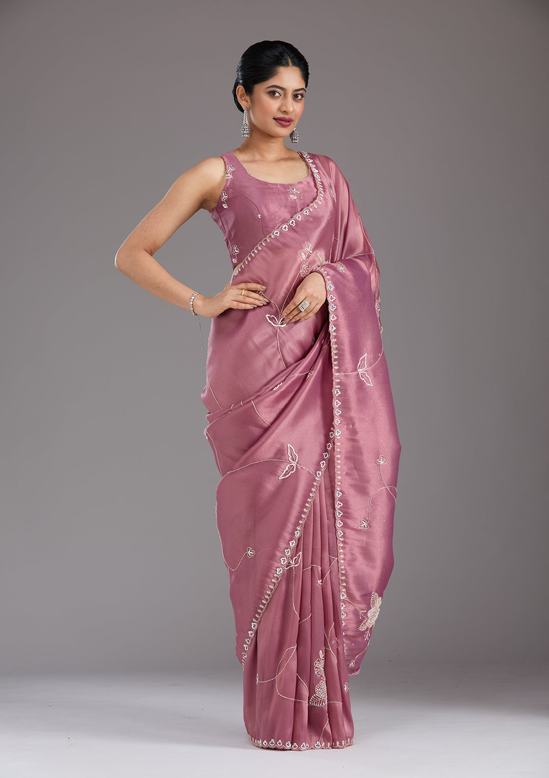 Onion Pink Aariwork Tissue Saree