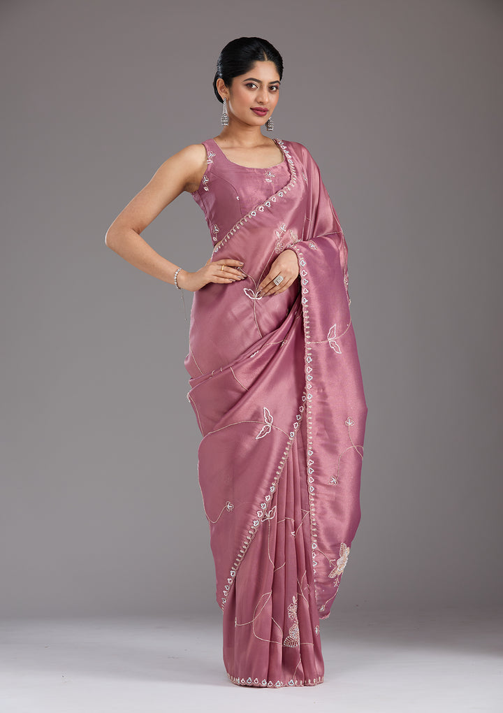 Onion Pink Aariwork Tissue Saree