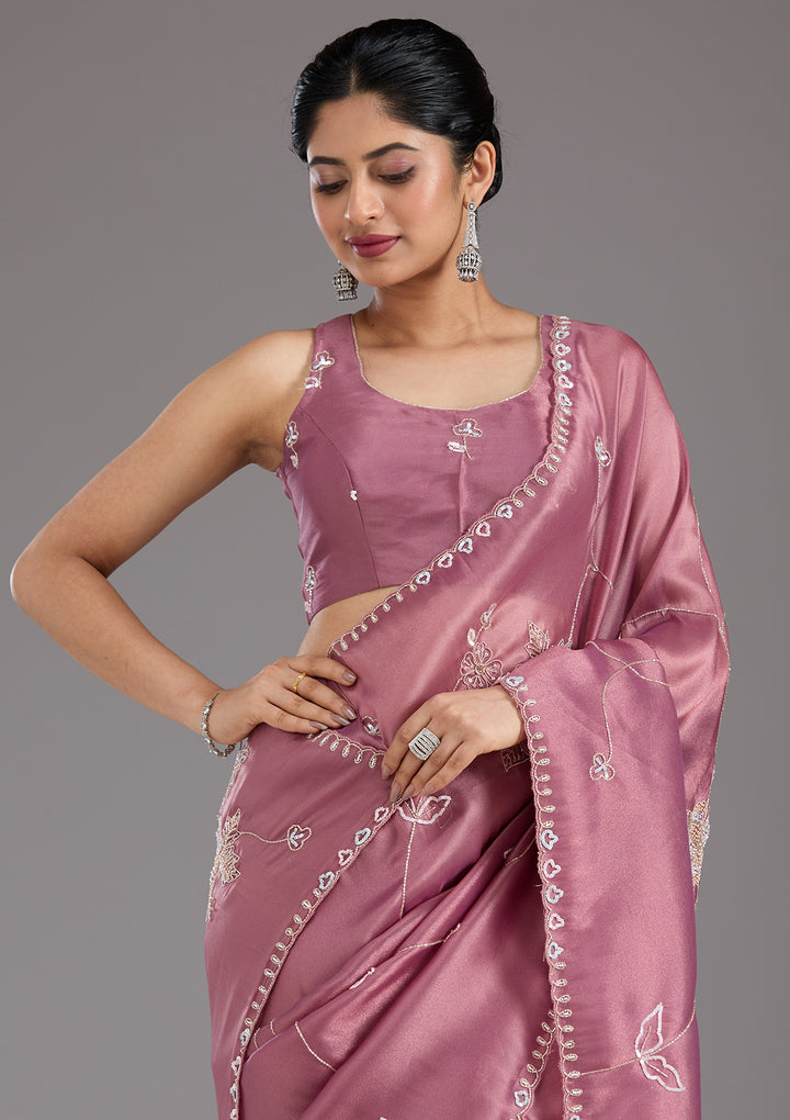 Onion Pink Aariwork Tissue Saree