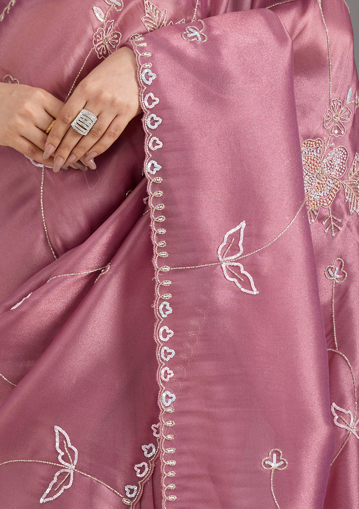 Onion Pink Aariwork Tissue Saree