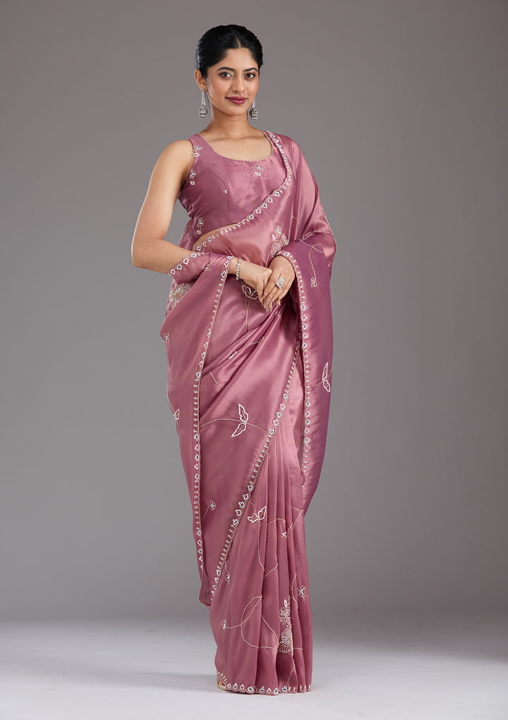 Onion Pink Aariwork Tissue Saree