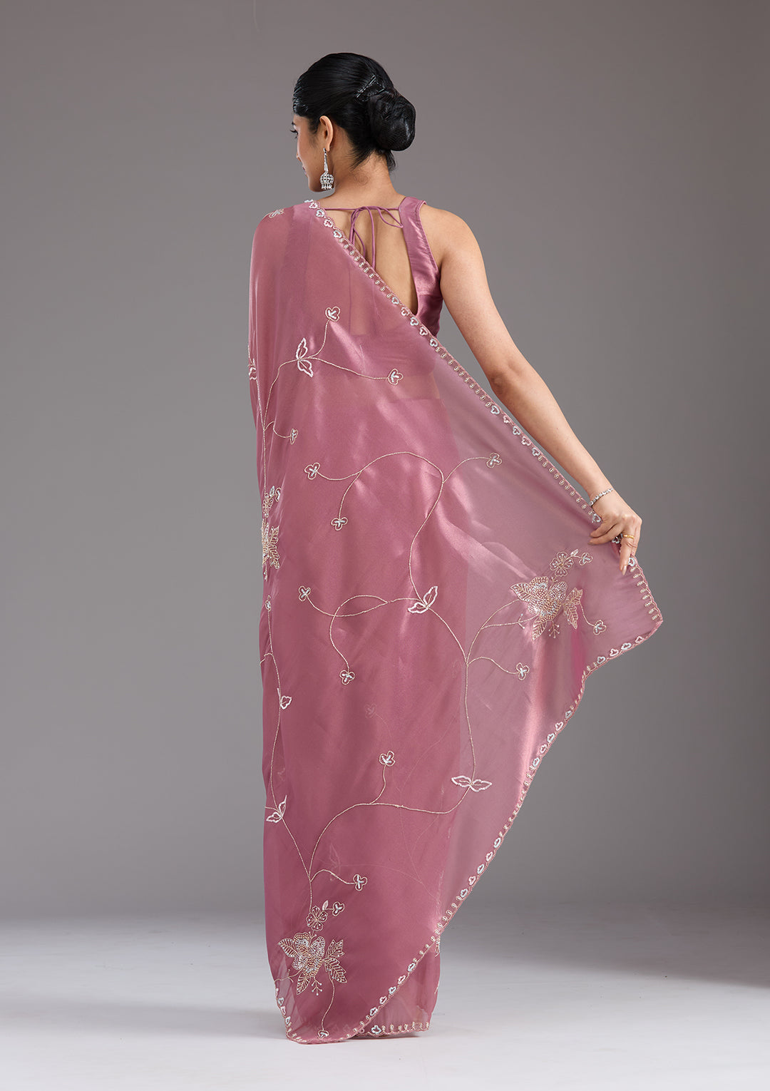 Onion Pink Aariwork Tissue Saree