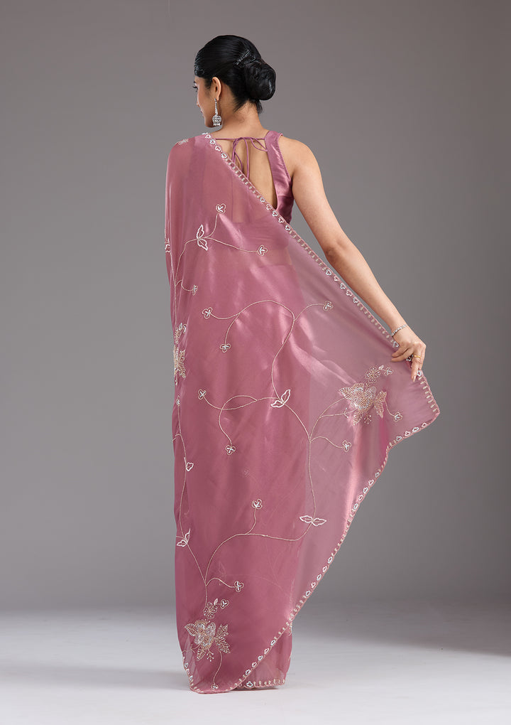 Onion Pink Aariwork Tissue Saree