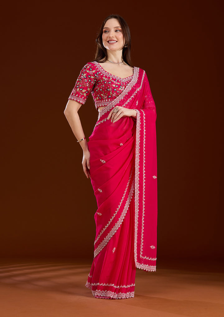 Rani Pink Aariwork Tissue Saree