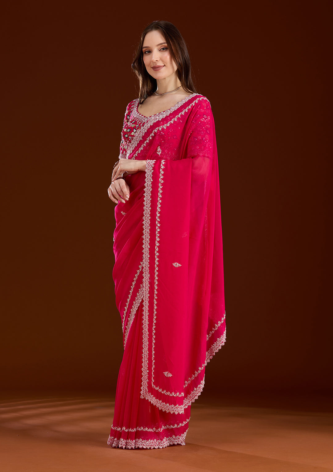 Rani Pink Aariwork Tissue Saree