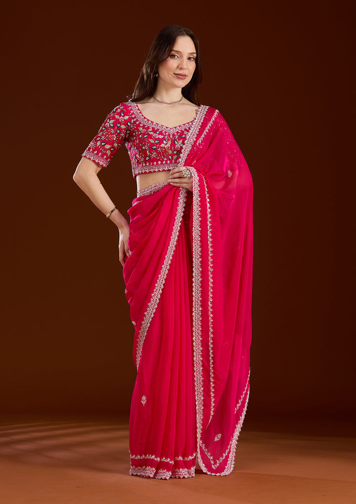 Rani Pink Aariwork Tissue Saree