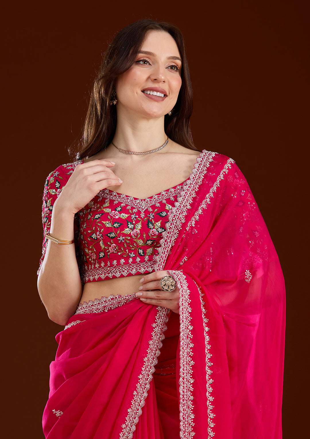 Rani Pink Aariwork Tissue Saree