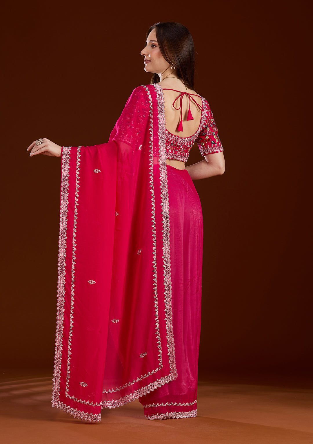 Rani Pink Aariwork Tissue Saree