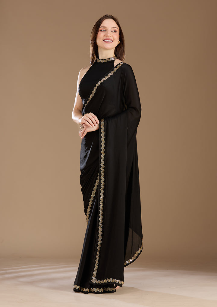 Black Aariwork Satin Saree