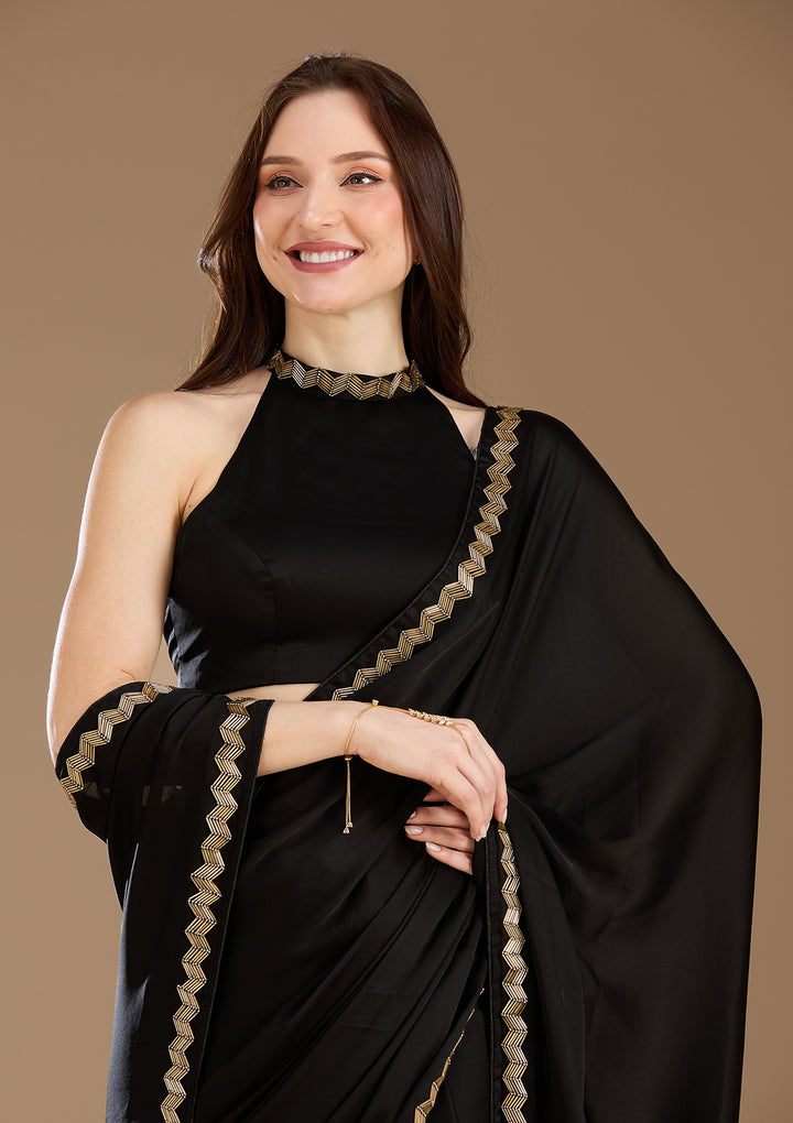 Black Aariwork Satin Saree