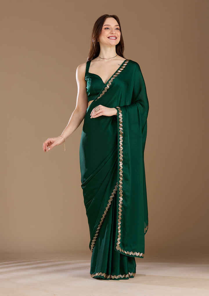 Bottle Green Aariwork Satin Saree