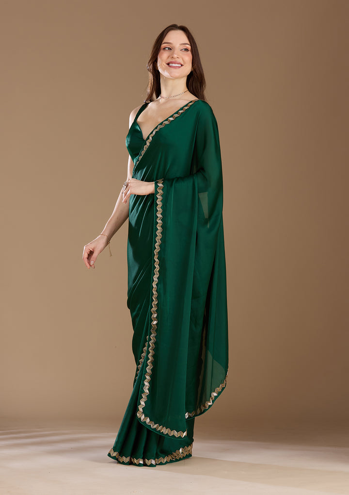 Bottle Green Aariwork Satin Saree