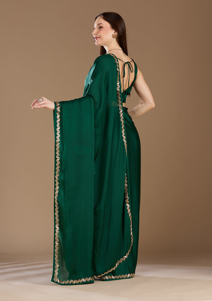 Bottle Green Aariwork Satin Saree