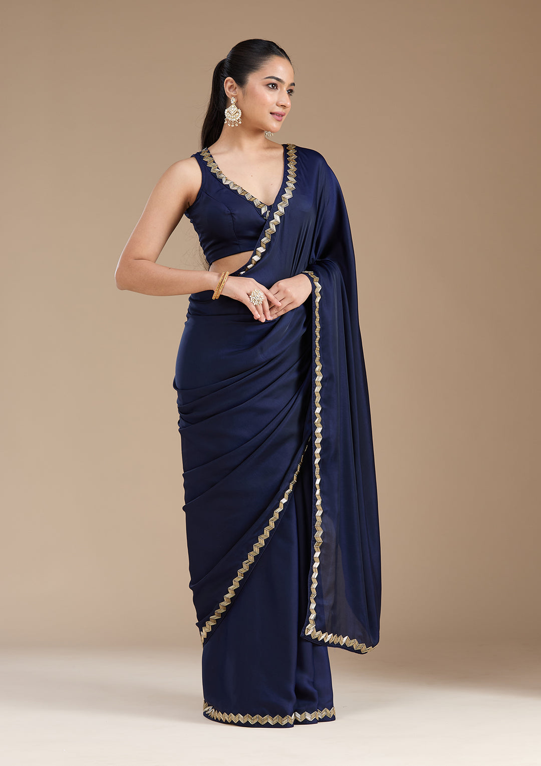 Navy Blue Aariwork Satin Saree