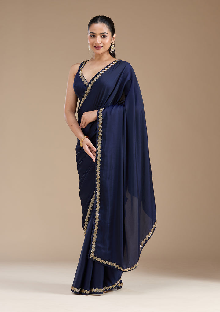 Navy Blue Aariwork Satin Saree