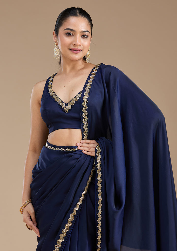 Navy Blue Aariwork Satin Saree