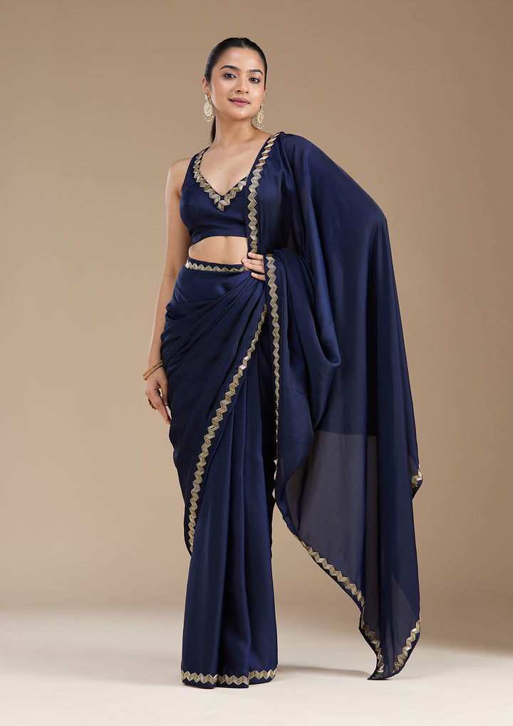 Navy Blue Aariwork Satin Saree