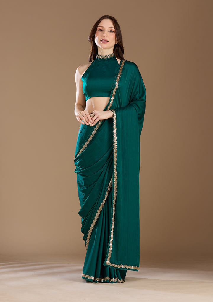 Peacock Green Aariwork Satin Saree