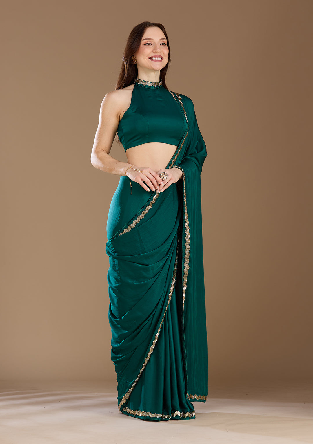 Peacock Blue Aariwork Satin Saree