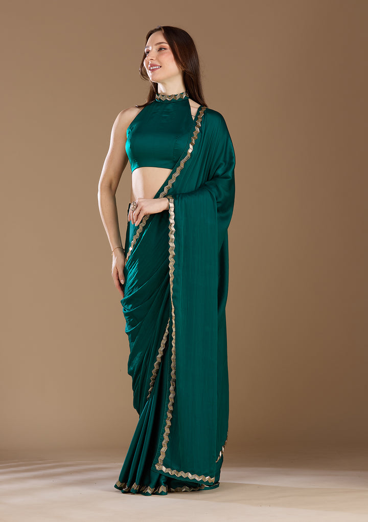 Peacock Green Aariwork Satin Saree