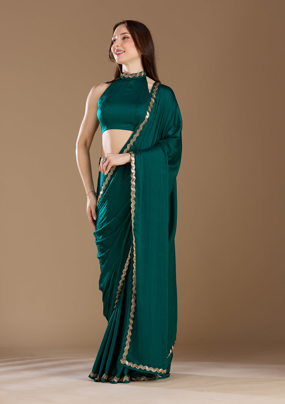 Peacock Blue Aariwork Satin Saree