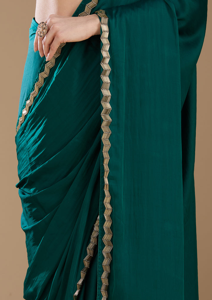 Peacock Green Aariwork Satin Saree