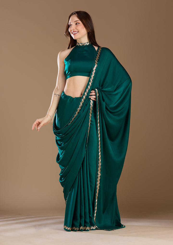 Peacock Green Aariwork Satin Saree
