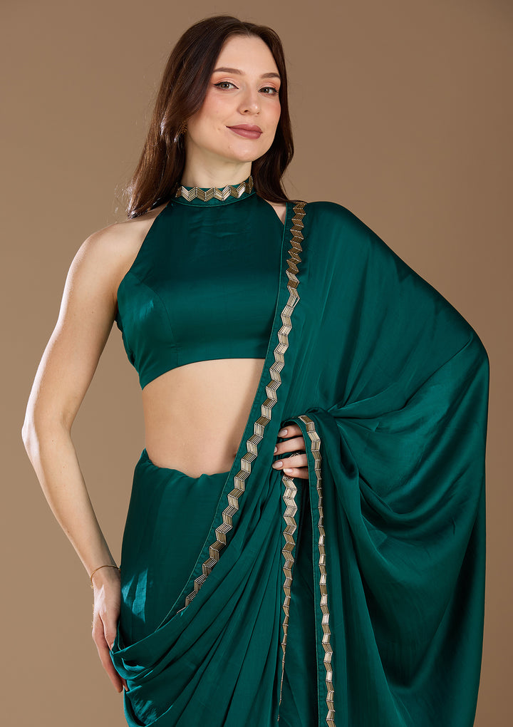 Peacock Green Aariwork Satin Saree