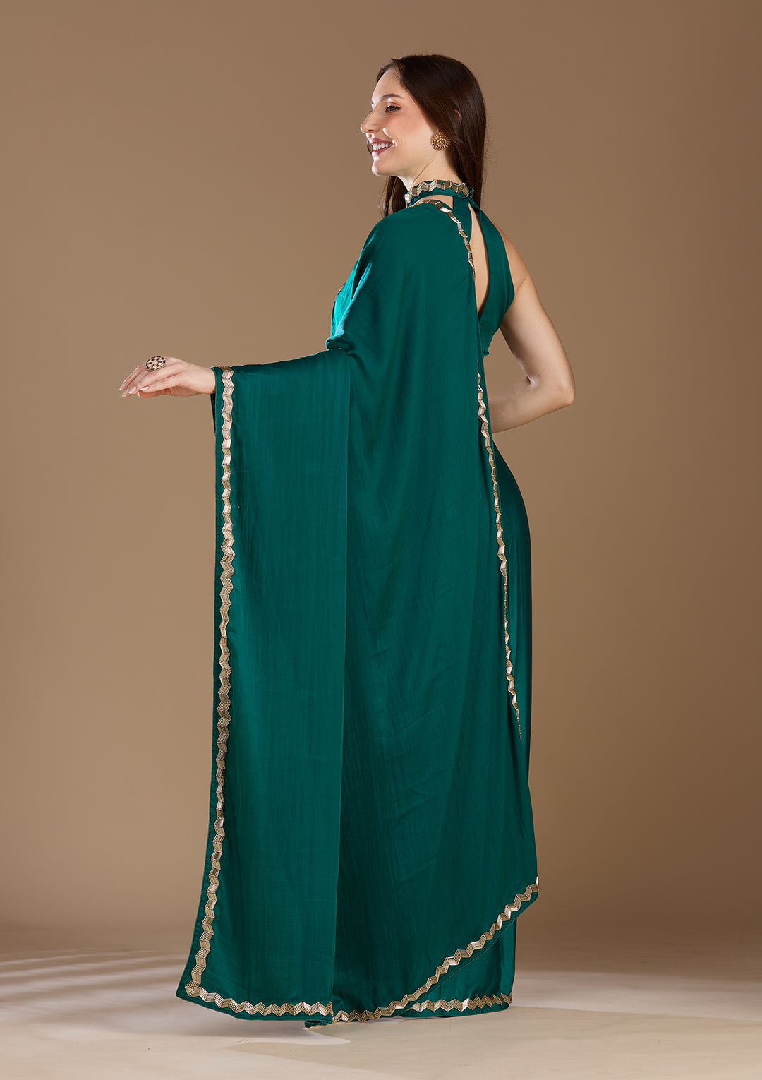 Peacock Green Aariwork Satin Saree