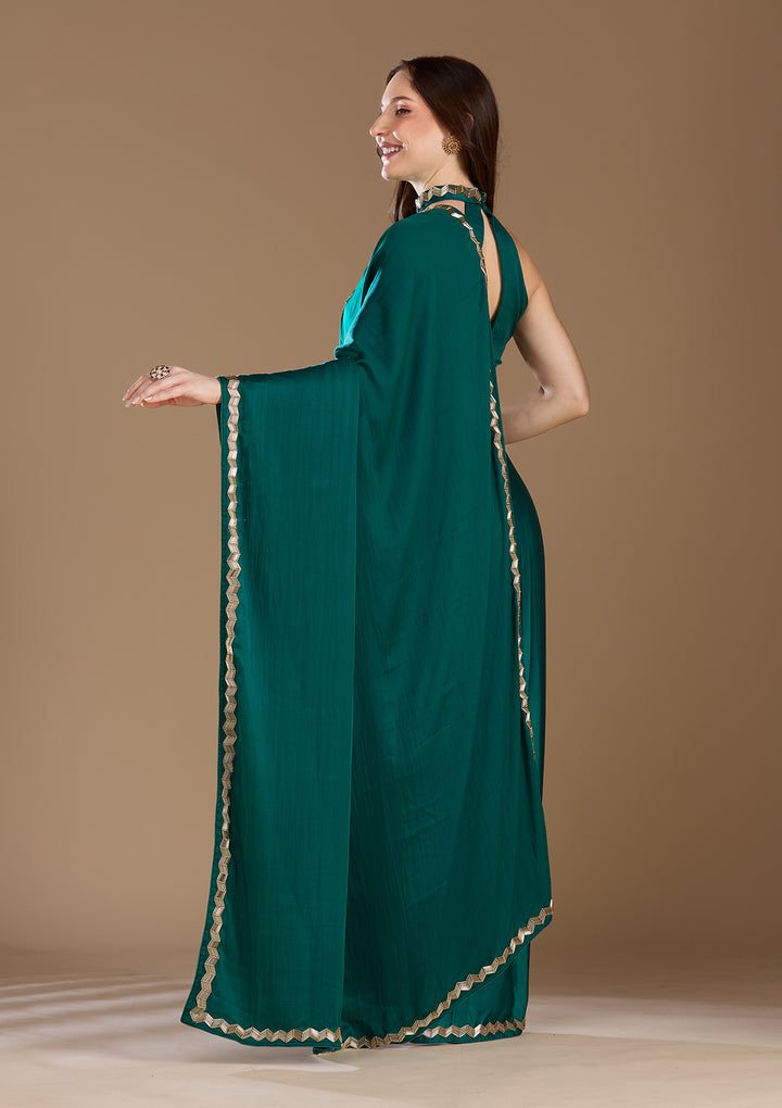 Peacock Green Aariwork Satin Saree