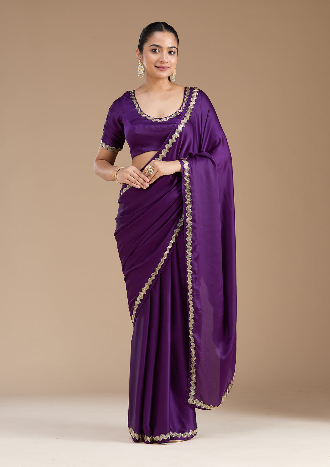 Purple Aariwork Satin Saree
