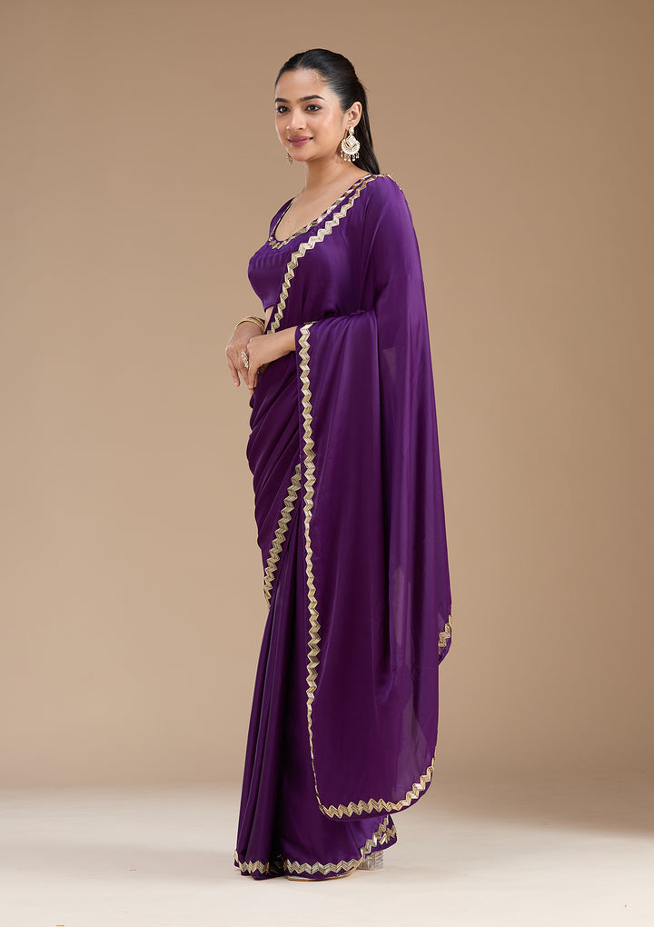 Purple Aariwork Satin Saree