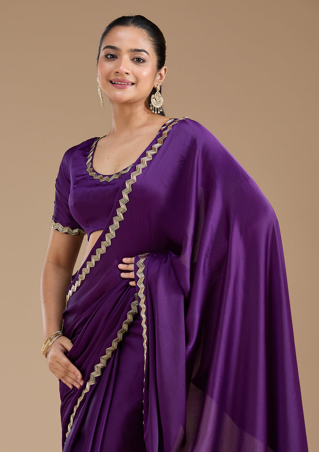 Purple Aariwork Satin Saree