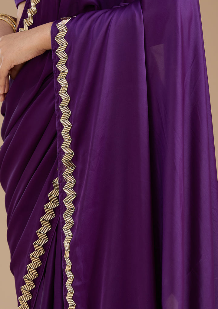 Purple Aariwork Satin Saree
