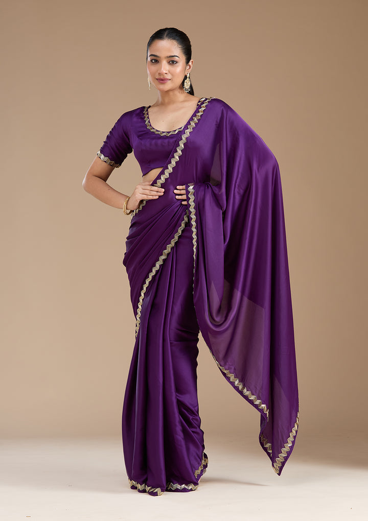 Purple Aariwork Satin Saree