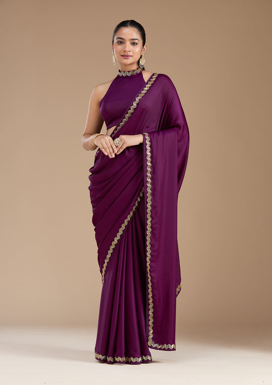 Wine Aariwork Satin Saree