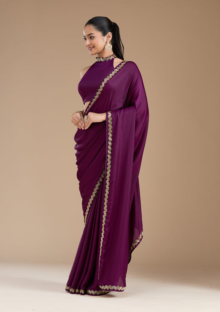 Wine Aariwork Satin Saree