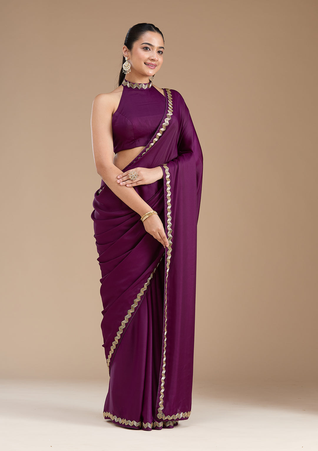 Wine Aariwork Satin Saree