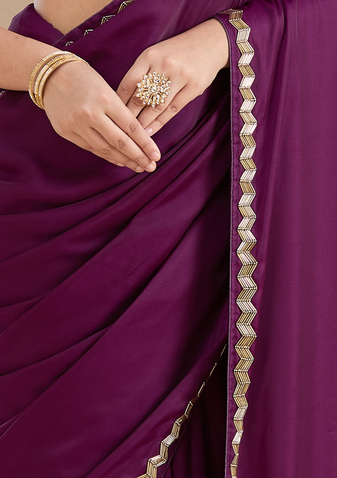 Wine Aariwork Satin Saree