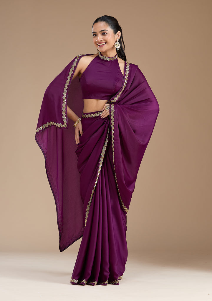Wine Aariwork Satin Saree
