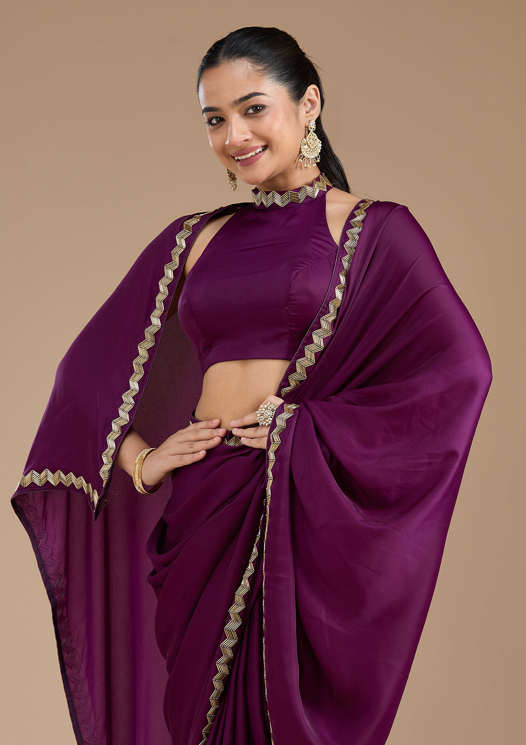 Wine Aariwork Satin Saree