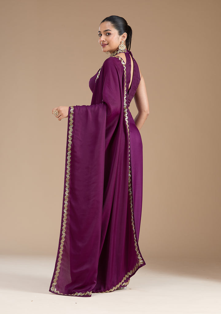 Wine Aariwork Satin Saree