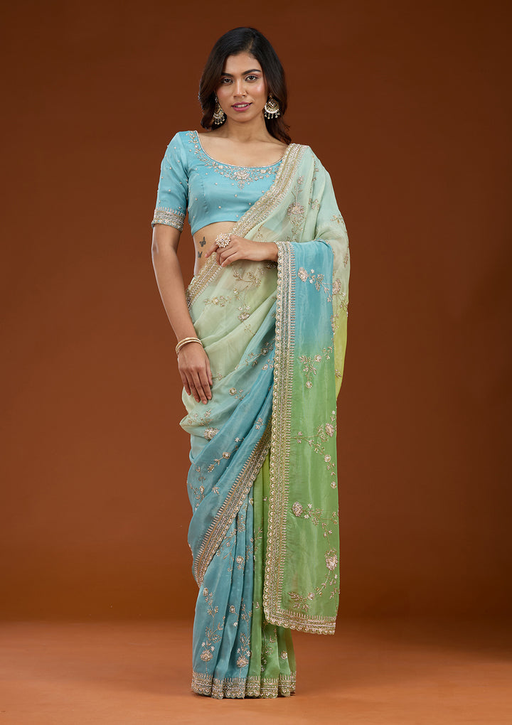 Pista Green Cutdana Tissue Saree