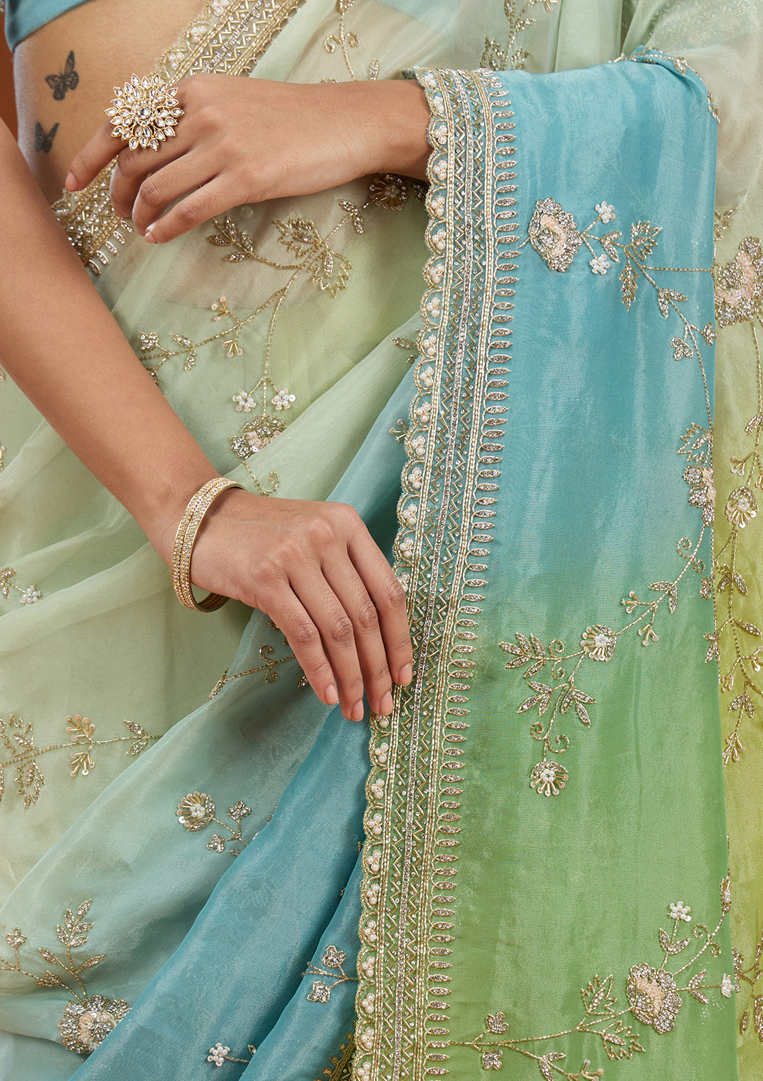 Pista Green Cutdana Tissue Saree