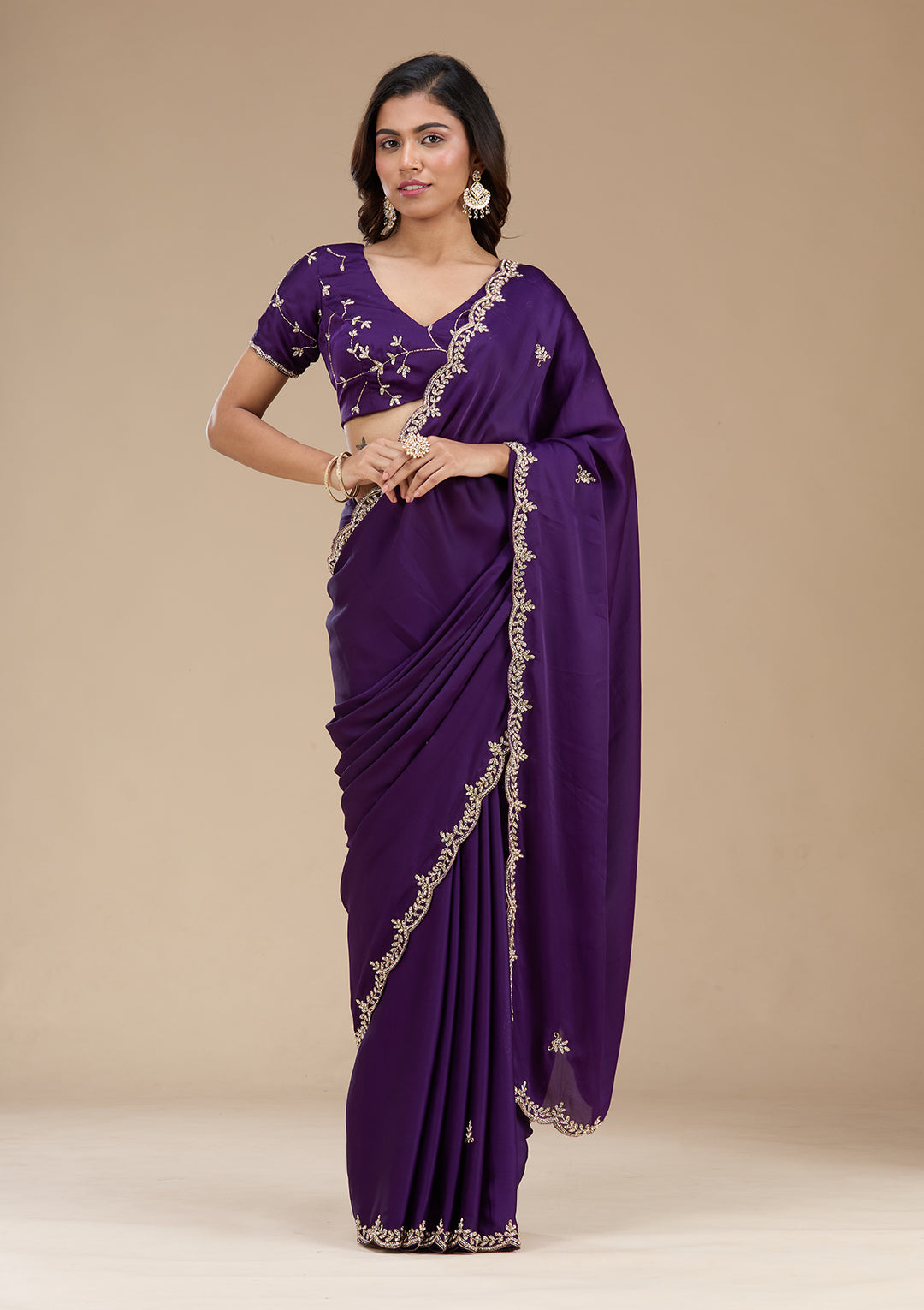 Purple Cutdana Satin Saree