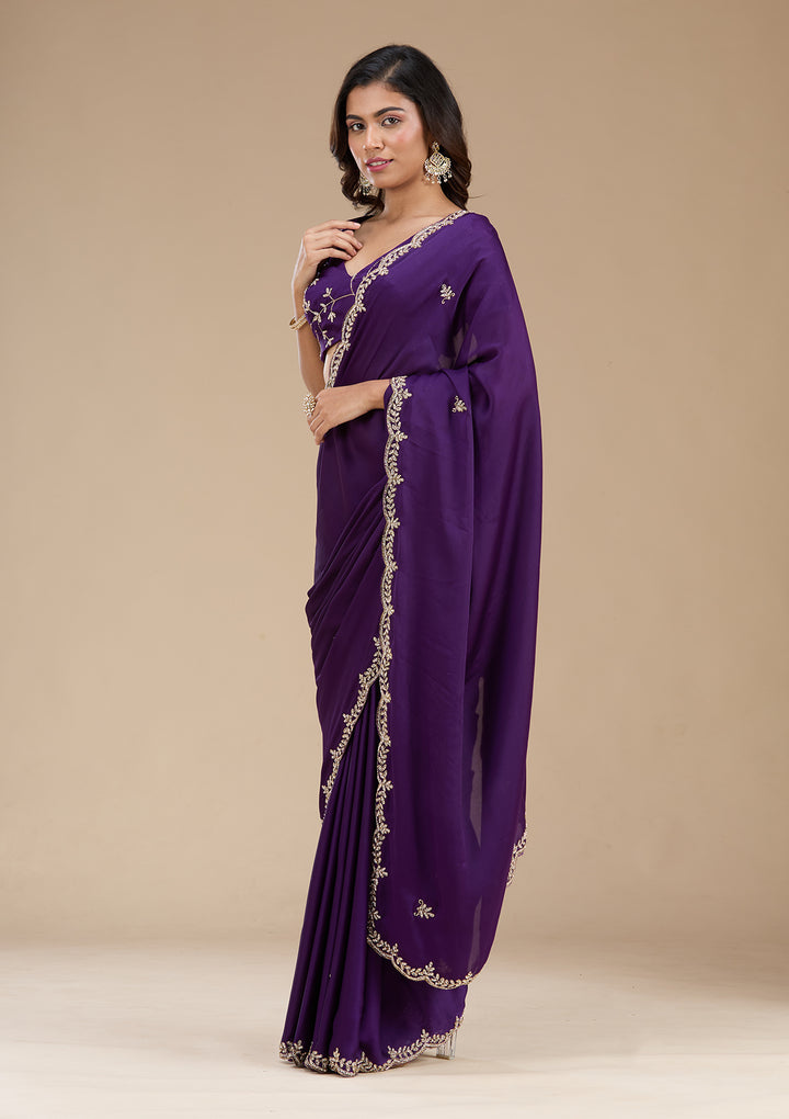 Purple Cutdana Satin Saree