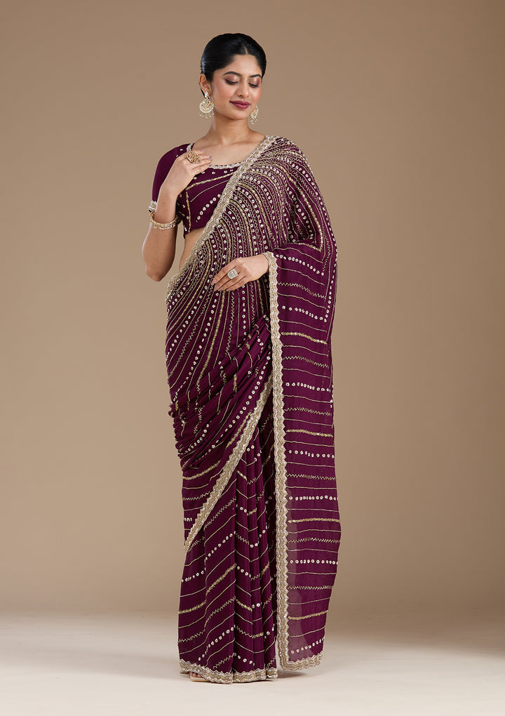 Wine Aariwork Satin Saree