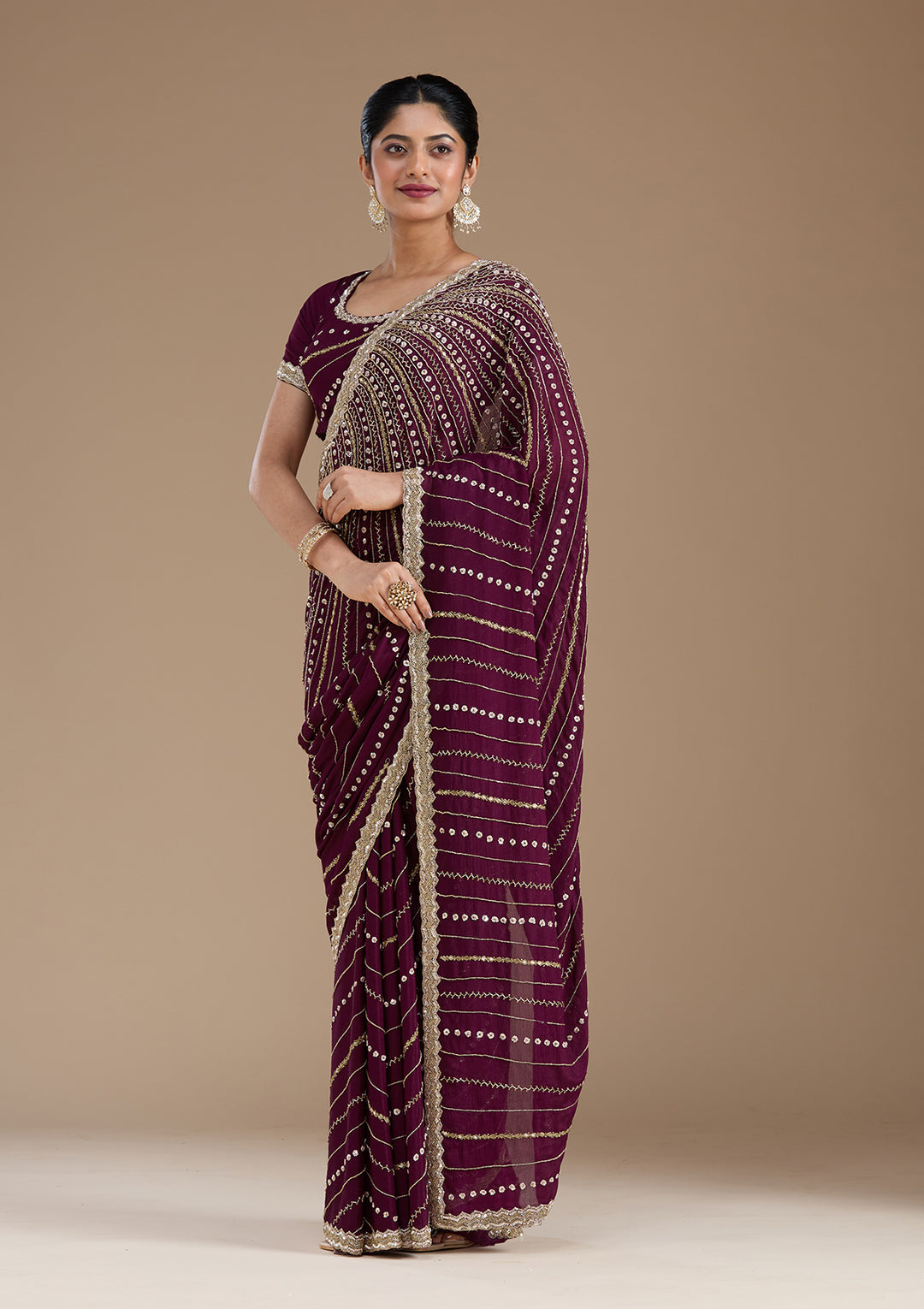 Wine Aariwork Satin Saree