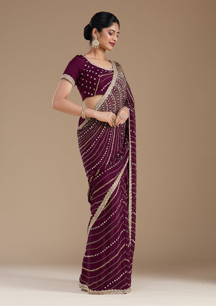 Wine Aariwork Satin Saree