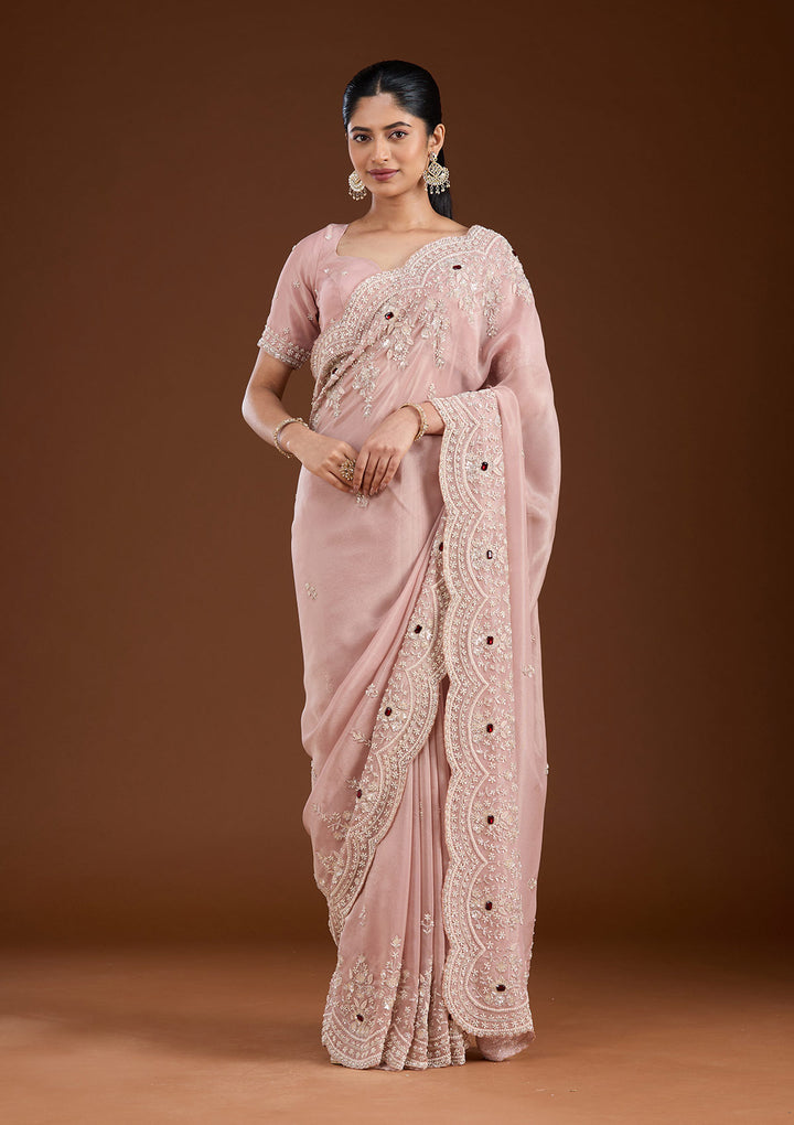 Light Peach Cording Tissue Saree